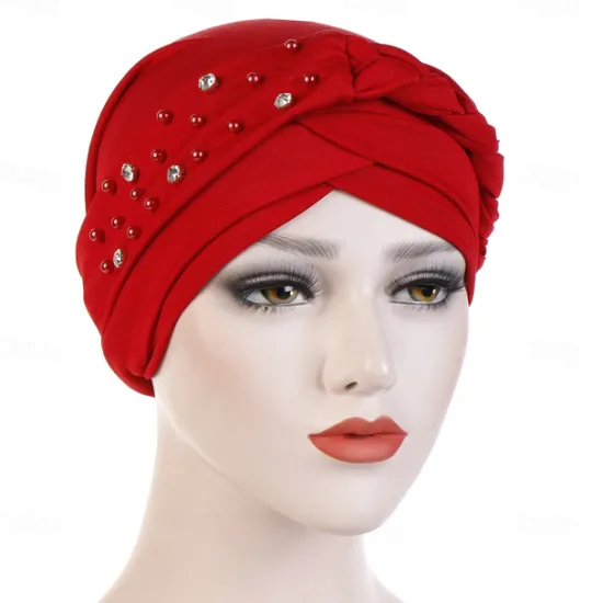 Best India Muslim Women Hijab Hat with Beads Turban Headscarf Islamic Head Wrap Lady Beanie Bonnet Hair Loss Cover Women Hats