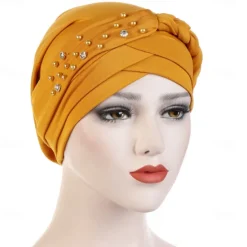 Best India Muslim Women Hijab Hat with Beads Turban Headscarf Islamic Head Wrap Lady Beanie Bonnet Hair Loss Cover Women Hats