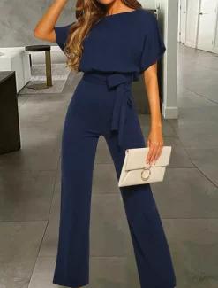 Online Jumpsuits for Women Summer Dressy Short Sleeve Belt Clean Fit Party Wide Leg Playsuit Long Pants Summer Women Jumpsuits