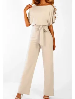 Online Jumpsuits for Women Summer Dressy Short Sleeve Belt Clean Fit Party Wide Leg Playsuit Long Pants Summer Women Jumpsuits