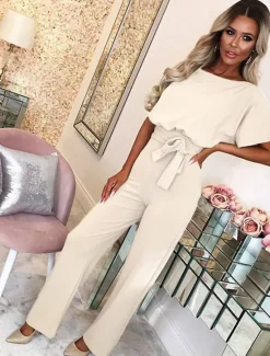 Online Jumpsuits for Women Summer Dressy Short Sleeve Belt Clean Fit Party Wide Leg Playsuit Long Pants Summer Women Jumpsuits