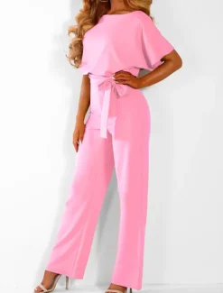 Online Jumpsuits for Women Summer Dressy Short Sleeve Belt Clean Fit Party Wide Leg Playsuit Long Pants Summer Women Jumpsuits