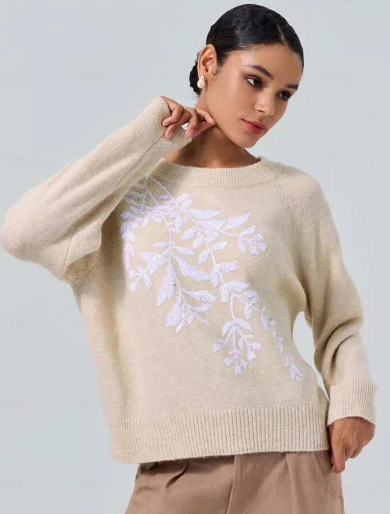 Knit Embroidered Wool Blend Pullover Sweater Women Ugly Sweater
