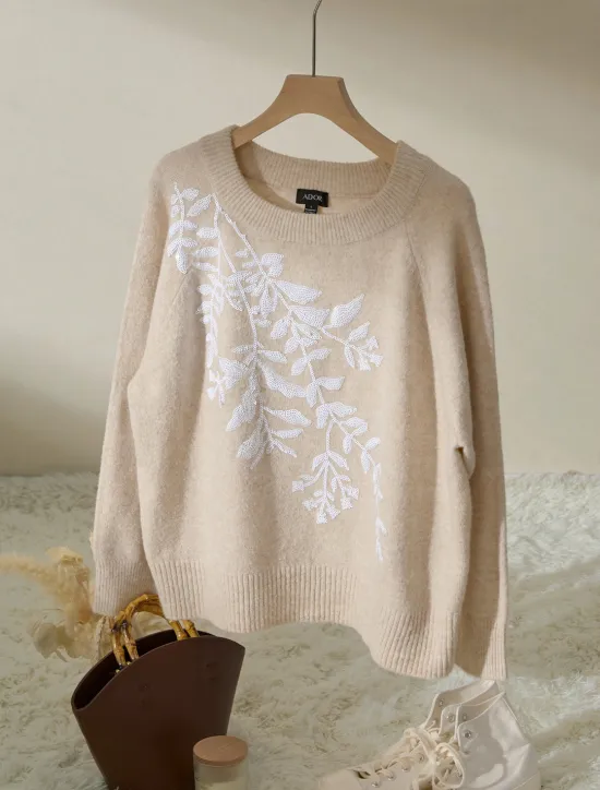 Knit Embroidered Wool Blend Pullover Sweater Women Ugly Sweater
