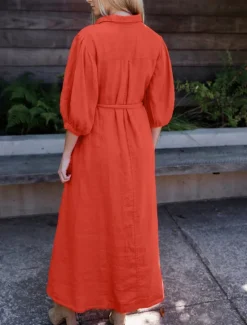 Sale Linen Lace Up Pocket Maxi Shirt Dress Women Casual Dress