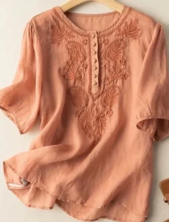 Clearance Linen Shirt Long Cotton Top White Cotton Top White Cotton Blouse Women's White Yellow Blue Floral Embroidered Buttons Street Daily Fashion Round Neck Regular Fit M Women Shirts