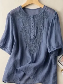 Clearance Linen Shirt Long Cotton Top White Cotton Top White Cotton Blouse Women's White Yellow Blue Floral Embroidered Buttons Street Daily Fashion Round Neck Regular Fit M Women Shirts