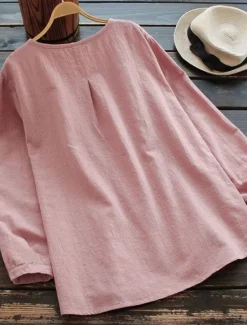 Outlet Linen Shirt Long Cotton Top White Cotton Top White Cotton Blouse Women's White Pink Solid Color Buttons Street Daily Fashion Shirt Collar Cotton Linen Regular Fit M Women Shirts