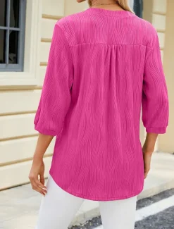 Long Cotton Top White Cotton Blouse Women's Black White Pink Waves Button Street Daily Fashion V Neck S Women Blouses & Shirts