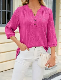 Long Cotton Top White Cotton Blouse Women's Black White Pink Waves Button Street Daily Fashion V Neck S Women Blouses & Shirts
