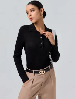 Sale Minimalist Wool Blend Polo Knitwear Women Pullovers & Tops