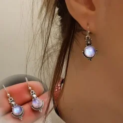 Online moonstone retro earrings fashion thai colorful gemstone ear hook ear jewelry Women Trendy Jewelry