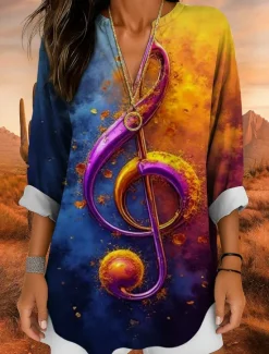 Clearance Music Festival Women's Blouse Long Sleeve Tunic Ombre Graphic Geometric Elegant Vintage Tropical Long Sleeve V Neck Regular Tops Daily Holiday Print Yellow Blue Green Summer Spring Women Blouses & Shirts