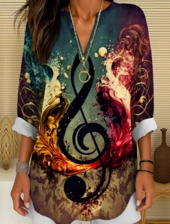 Clearance Music Festival Women's Blouse Long Sleeve Tunic Ombre Graphic Geometric Elegant Vintage Tropical Long Sleeve V Neck Regular Tops Daily Holiday Print Yellow Blue Green Summer Spring Women Blouses & Shirts