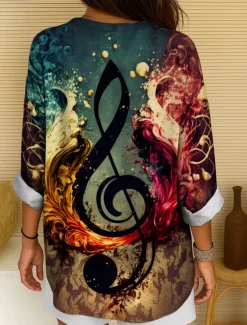 Clearance Music Festival Women's Blouse Long Sleeve Tunic Ombre Graphic Geometric Elegant Vintage Tropical Long Sleeve V Neck Regular Tops Daily Holiday Print Yellow Blue Green Summer Spring Women Blouses & Shirts
