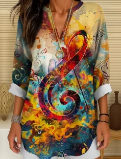 Clearance Music Festival Women's Blouse Long Sleeve Tunic Ombre Graphic Geometric Elegant Vintage Tropical Long Sleeve V Neck Regular Tops Daily Holiday Print Yellow Blue Green Summer Spring Women Blouses & Shirts