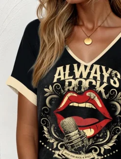Music Festival Women's T Shirt Graphic Mouth Casual Short Sleeve V Neck Regular Tops Daily Weekend Vacation Wear Print Black Khaki Summer Women T-Shirts
