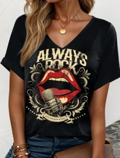 Music Festival Women's T Shirt Graphic Mouth Casual Short Sleeve V Neck Regular Tops Daily Weekend Vacation Wear Print Black Khaki Summer Women T-Shirts