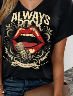 Music Festival Women's T Shirt Graphic Mouth Casual Short Sleeve V Neck Regular Tops Daily Weekend Vacation Wear Print Black Khaki Summer Women T-Shirts