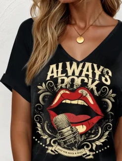 Music Festival Women's T Shirt Graphic Mouth Casual Short Sleeve V Neck Regular Tops Daily Weekend Vacation Wear Print Black Khaki Summer Women T-Shirts