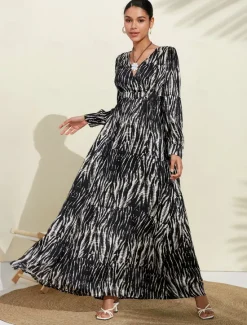 Clearance Neva & White Spotted Print Bubble Satin V Neck Long Sleeve Swing Maxi Dress Women Cocktail Dress