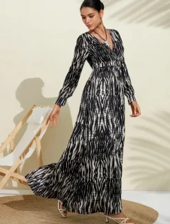 Clearance Neva & White Spotted Print Bubble Satin V Neck Long Sleeve Swing Maxi Dress Women Cocktail Dress