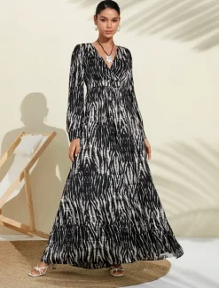 Clearance Neva & White Spotted Print Bubble Satin V Neck Long Sleeve Swing Maxi Dress Women Cocktail Dress