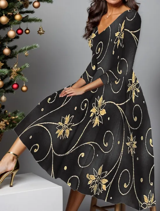 Hot New Year Women's Midi Dress A Line Dress Winter Dress Swing Dress Semi Formal Dress Fashion Streetwear Modern Formal Outdoor Party Regular Fit Floral Snowflake 3/4 Length Sleeve V Neck Black Wine Red Women Cocktail Dress