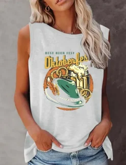Discount Oktoberfest Women's Camisole Tank Top Letter Daily Casual Sleeveless Crew Neck Regular Tops Daily Print Black White Wine Navy Blue Summer Spring Women Tank Tops & Camis