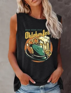 Discount Oktoberfest Women's Camisole Tank Top Letter Daily Casual Sleeveless Crew Neck Regular Tops Daily Print Black White Wine Navy Blue Summer Spring Women Tank Tops & Camis