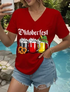 Outlet Oktoberfest Women's T Shirt Graphic Letter Vintage Stylish Classic Short Sleeve V Neck Regular Tops Daily Print Black White Yellow Red Blue Summer Spring Women T-Shirts