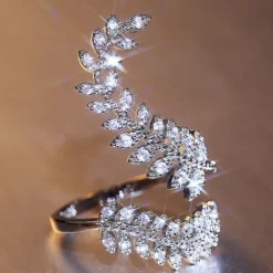 New 1pc Adjustable Ring For Women's Cubic Zirconia Clear Gift Daily Work Zircon Copper Leaf Women Trendy Jewelry
