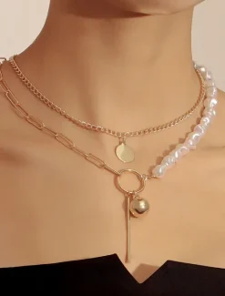 Online 1PC Pendant Necklace For Women's Pearl Wedding Party Evening Imitation Pearl Alloy Double Layered Women Trendy Jewelry
