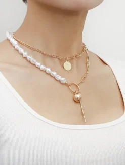 Online 1PC Pendant Necklace For Women's Pearl Wedding Party Evening Imitation Pearl Alloy Double Layered Women Trendy Jewelry