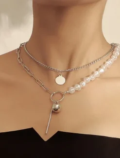 Online 1PC Pendant Necklace For Women's Pearl Wedding Party Evening Imitation Pearl Alloy Double Layered Women Trendy Jewelry