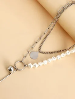 Online 1PC Pendant Necklace For Women's Pearl Wedding Party Evening Imitation Pearl Alloy Double Layered Women Trendy Jewelry