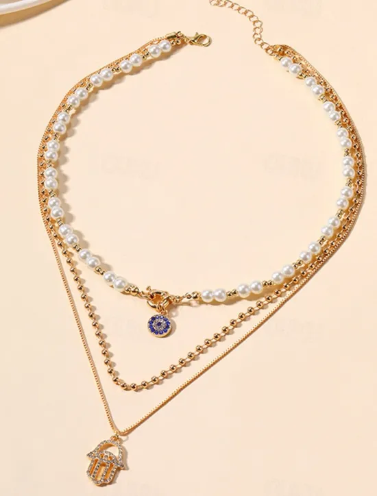 Clearance 1PC Statement Necklace Layered Necklace For Women's Multicolor Party Evening Daily Birthday Party Crystal Imitation Pearl Alloy Eyes Hand Women Trendy Jewelry