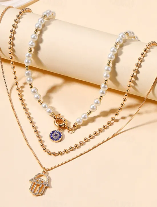 Clearance 1PC Statement Necklace Layered Necklace For Women's Multicolor Party Evening Daily Birthday Party Crystal Imitation Pearl Alloy Eyes Hand Women Trendy Jewelry