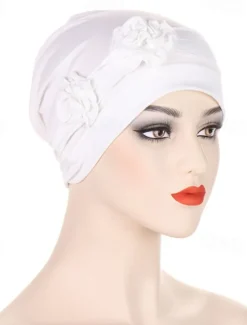 Best 1pcs Beanie Hat Headwear Turban Covers Two Flower Head Wraps Turban Hat Classic Vintage Women Solid Color Soft Headgear Women Hats