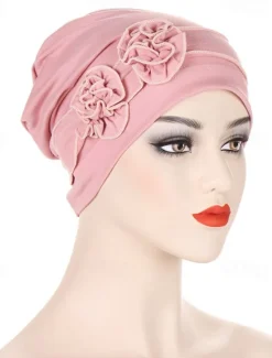 Best 1pcs Beanie Hat Headwear Turban Covers Two Flower Head Wraps Turban Hat Classic Vintage Women Solid Color Soft Headgear Women Hats