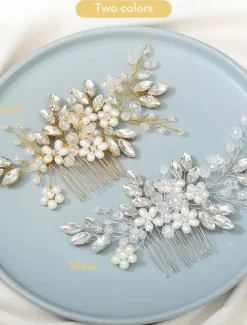 Discount 1pcs Bride Wedding Hair Comb Pearl Shiny Rhinestone Flower Hair Piece Rhinestone Bridal Hair Accessories for Women Women Accessories