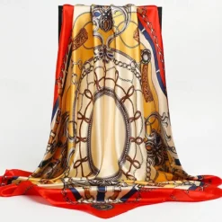 Clearance 1pcs 90*90cm Fashion Chain Print Scarves Women Shawl Satin Hijab Female Bandana Square Ladies Foulard Wrap Pareo Headcloth Women Scarves