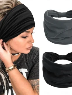 Online 2pcs Headbands for Women Wide Head Bands Non Slip Boho Womens Hair Band Fashion Knotted Workout Yoga Leopard Turban Head Wraps Women Accessories