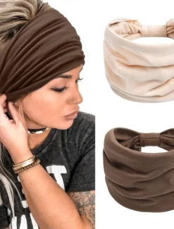 Online 2pcs Headbands for Women Wide Head Bands Non Slip Boho Womens Hair Band Fashion Knotted Workout Yoga Leopard Turban Head Wraps Women Accessories