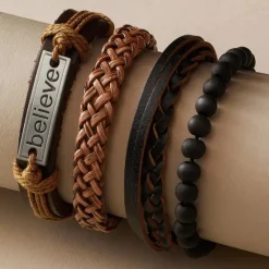 Clearance 4PCS Leather Bracelet Set Braided Birthday Statement Elegant Fashion Holiday Leather Bracelet Jewelry For Anniversary Gift Date Birthday Festival Women Trendy Jewelry