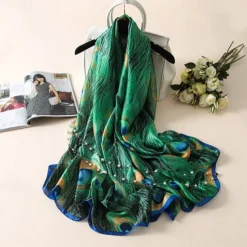 Outlet 1pcs New Soft Peacock Feather Printed Silk Shawls Women Foulard Fashion Sunscreen Female Scarf Stoles Hijab Headscarf Bag Scarves Women Scarves