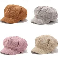 Sale 1PCS Solid Color Women Beret Spring Autumn Newsboy Hat Vintage Corduroy Elasticity Peaked Cap Painter Hat Women Hats