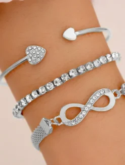 Sale 3pcs/set Cuff Bracelet Layered Sweet Heart Infinity Fashion Personalized Luxury Rhinestone Bracelet Jewelry Gold For Wedding Gift Daily Birthday Mother's Day Women Trendy Jewelry