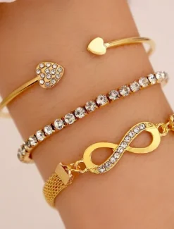 Sale 3pcs/set Cuff Bracelet Layered Sweet Heart Infinity Fashion Personalized Luxury Rhinestone Bracelet Jewelry Gold For Wedding Gift Daily Birthday Mother's Day Women Trendy Jewelry