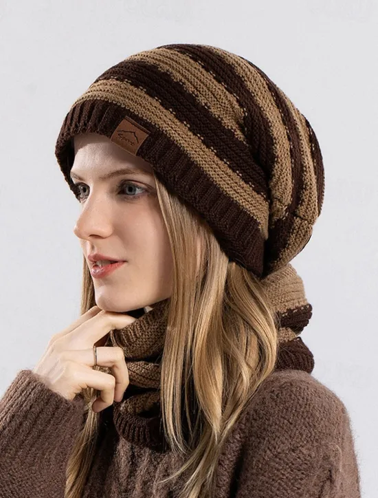 Best 2pcs/set Women Winter Beanie Knitted Scarf & Hat Set Windproof Winter Warmer Cap for Outdoor Cycling Skiing Women Hats